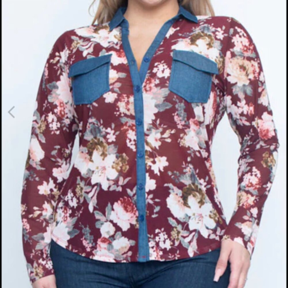 NWT Plus Size Burgundy Floral Button Down Long Sleeves Top with Denim Detail.